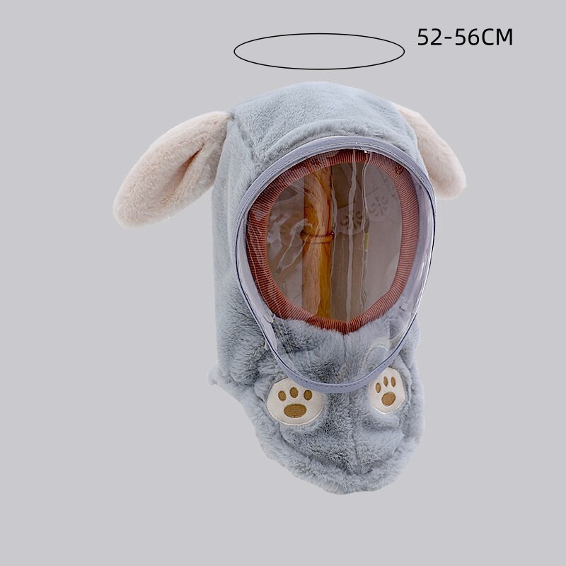 One Piece Hood Winter Windproof Plush Hat Face Cover Mask Cartoon Embroidery Beanie Warm Caps Neck Flap Child Scarf Baby Ski Cap
