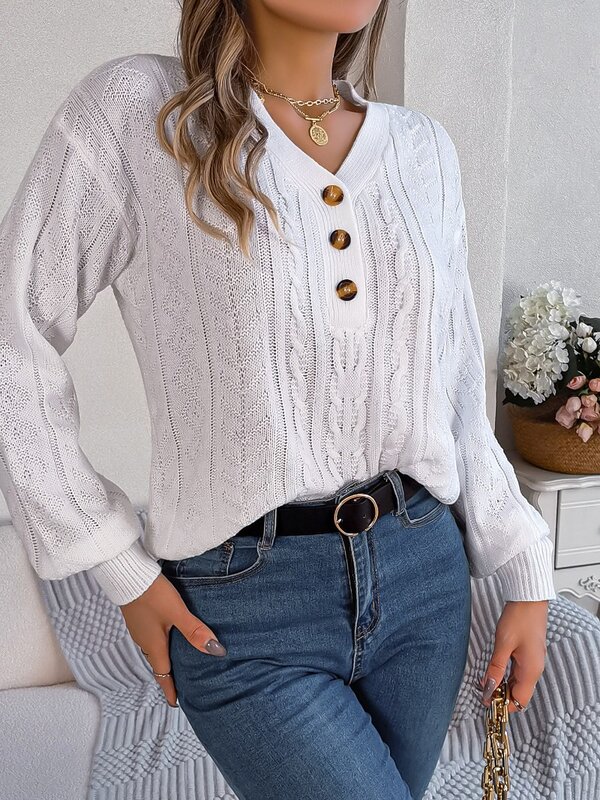 Casual Twists Knit Pullovers Sweaters for Women's Sweater 2023 New Slim Solid V-neck Button Full Lantern Sleeve Sweater Pullover