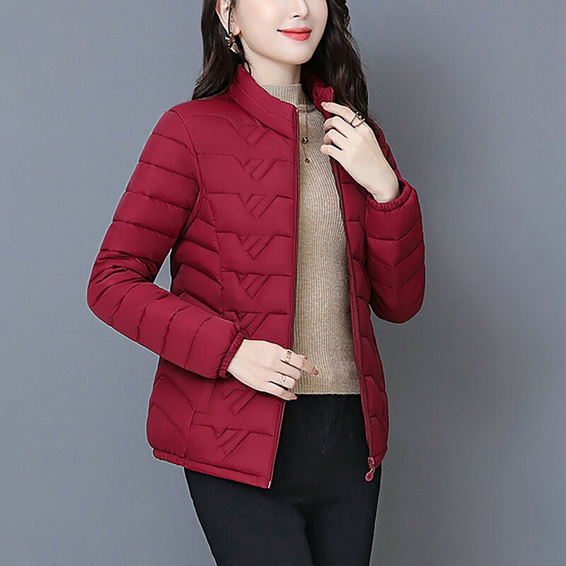 Jaket Parka wanita, mantel Luaran Parka pendek warna polos katun ramping untuk musim dingin 2023
