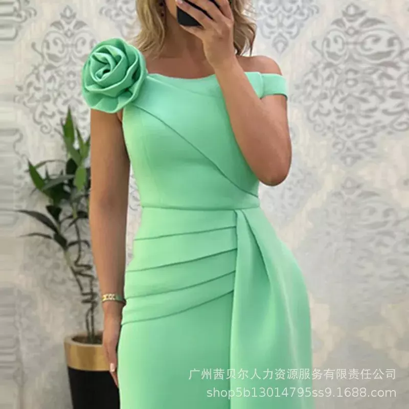 2024 wiosna lato nowa damska miętowa zielona odkryte ramiona trójwymiarowa dekoracja kwiatowa asymetryczna spódnica sukienka