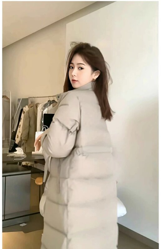 Jaket katun gaya Korea untuk wanita, jaket katun gaya Korea panjang setengah longgar dan serbaguna, tren jaket kerah berdiri lutut