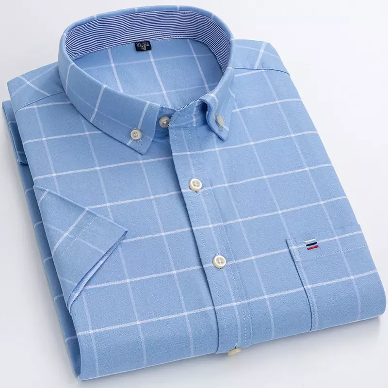 Camisa xadrez listrada respirável masculina, manga curta Oxford, camisa de negócios masculina, ajuste regular, roupas extragrandes, 100% algodão, verão