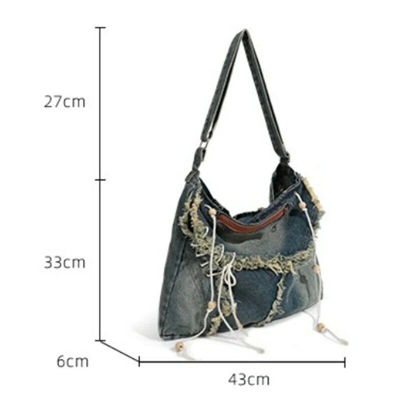 Женская джинсовая сумка с кисточками, вместительная универсальная сумка через плечо в стиле ретро, 2024