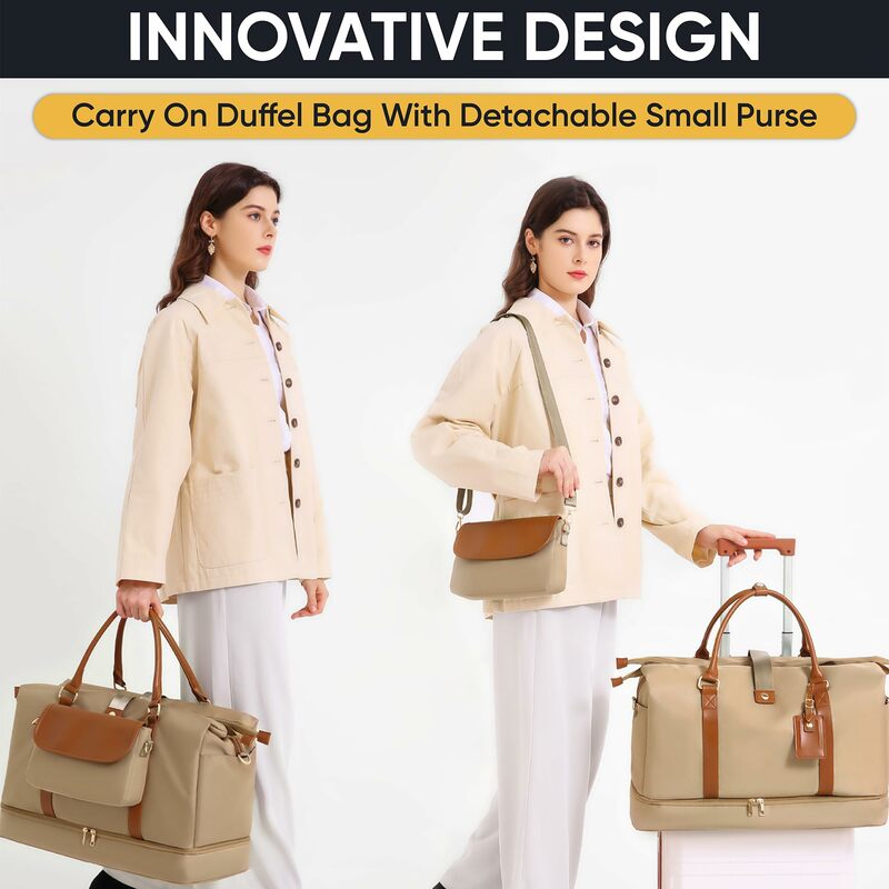 Duffel Bag com compartimento de sapato para mulheres, bolsa crossbody conversível, grande, carry-on, destacável, 4 em 1