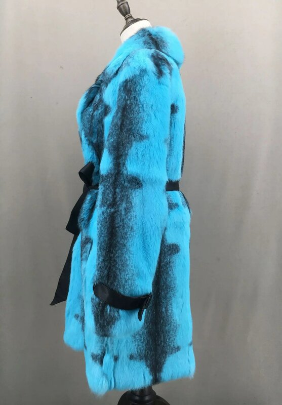 Mantel panjang bulu kelinci asli wanita, mantel bulu biru halus kasual musim gugur dan dingin dengan sabuk