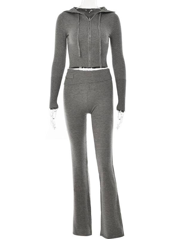 Fantoye-Conjunto de dos piezas para mujer, chándal de manga larga con cremallera, suéter con capucha, pantalones ajustados, traje sólido, sudadera de punto informal