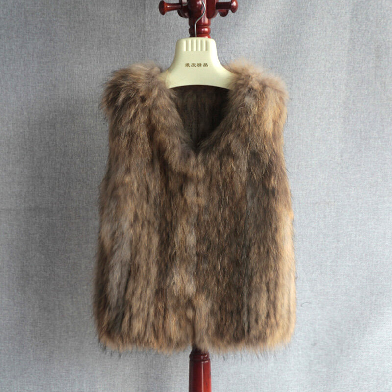 Fashion Knitted Raccoon Fur Vests Winter Women Coats Furry Vest Natural Fur Gilets Female Sleeveless Waistcoats
