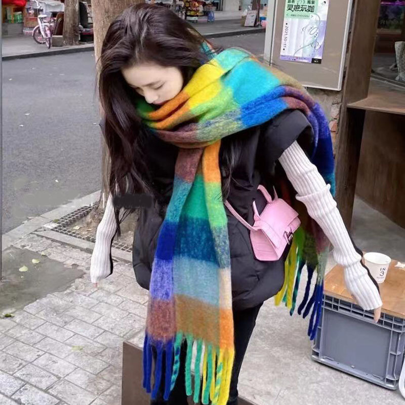 Женский шарф радужной расцветки, универсальная шаль в клетку из искусственного кашемира для осени и зимы, утолщенный теплый шарф двойного назначения