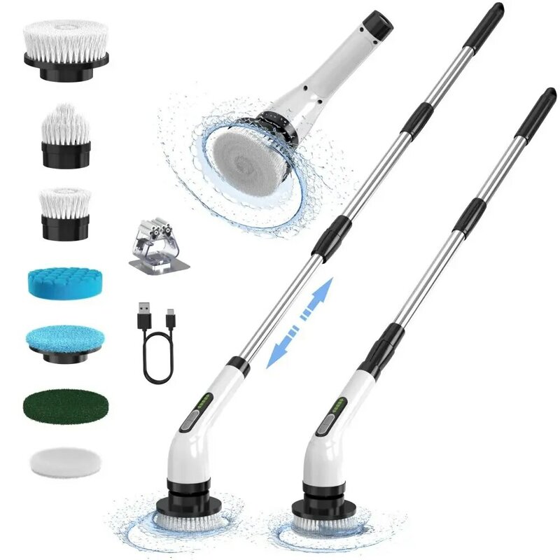 Electric Spin Scrubber,Cordless Rechargeable Scrubber,7 Replaceable Brush Heads,2 Adjustable Speed/Expandable Detachable Handl
