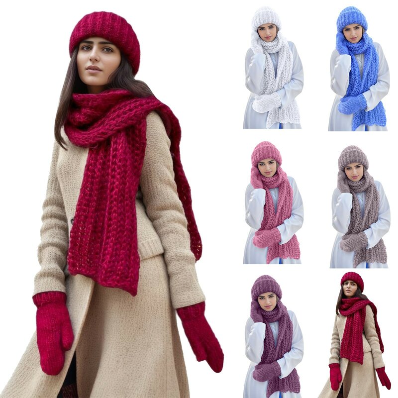 따뜻한 겨울 니트 비니 남성 여성 패션 모자 스카프 터치 스크린 장갑, 두껍고 따뜻한 바람막이 캡, 3 개/세트