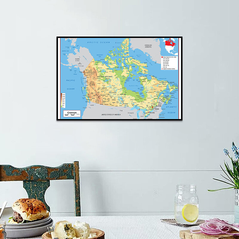 Peta Topografi Kanada Hadiah Perjalanan untuk Perlengkapan Sekolah Kantor Dekorasi Rumah Lukisan Kanvas Bingkai Dinding Grafik