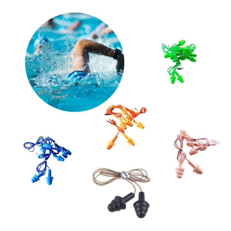 5 Pairs Soft Silicone Cord Swimming Ear Plugs Comfortable Waterproof Noise Cance