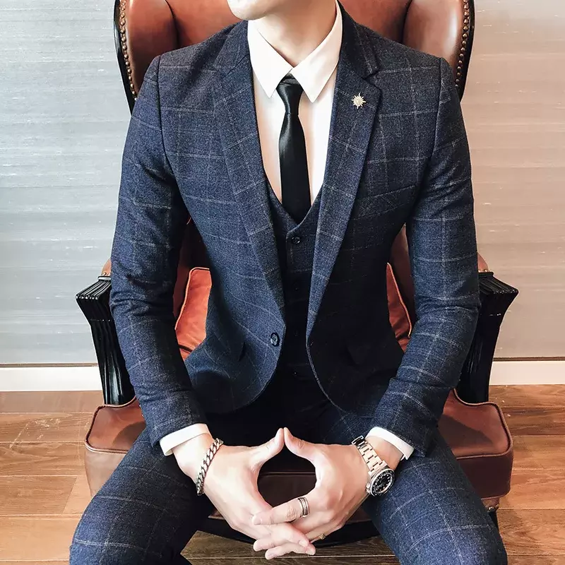 S-5XL Blazer Vest Pants Luxury Classic Grid Men's Casual Business Suit Groom Wedding Office Suit Male Jacket Waistcoat Trousers
