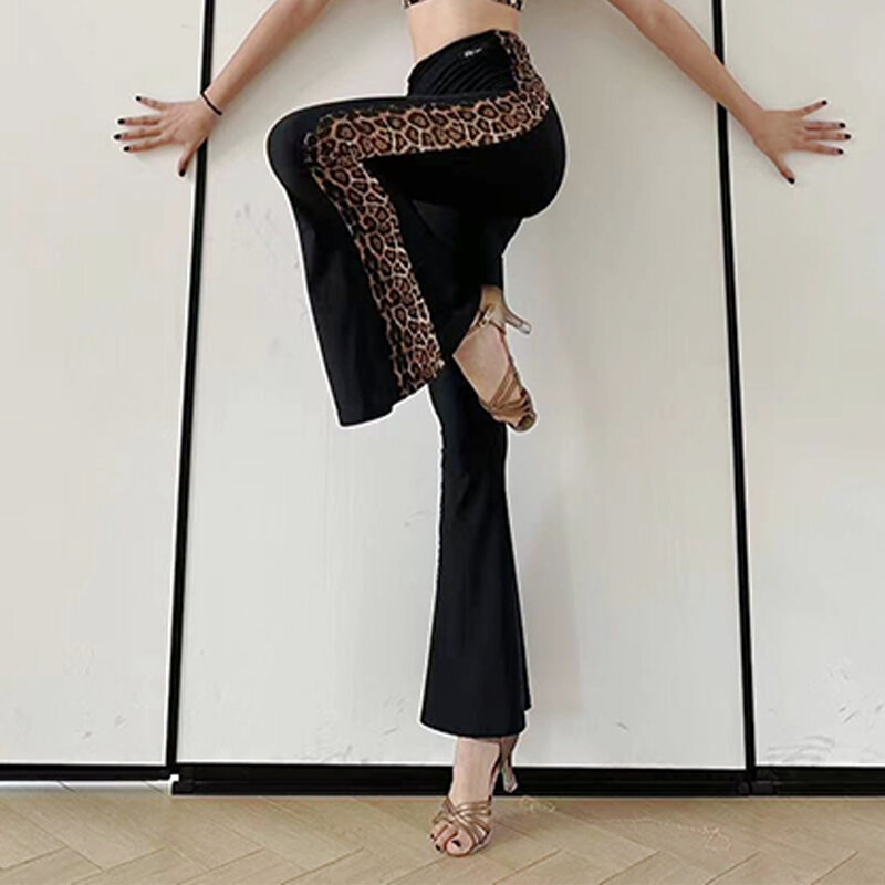 Calças de dança latina leopardo preto para mulheres, calças sexy recorte na cintura, Cha Cha Rumba Ballroom Dance Practice Clothing, DNV20237