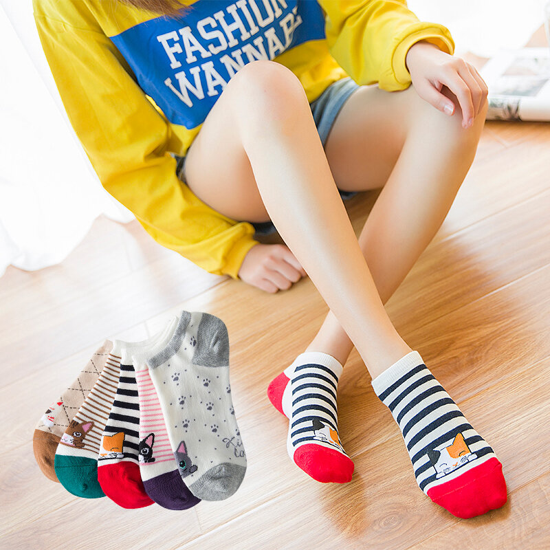 5 Pairs Women Casual Short Socks Funny Cartoon Cute Cat Pattern Striped Patchwork Candy Color Harajuku Female Happy Ankle Socks