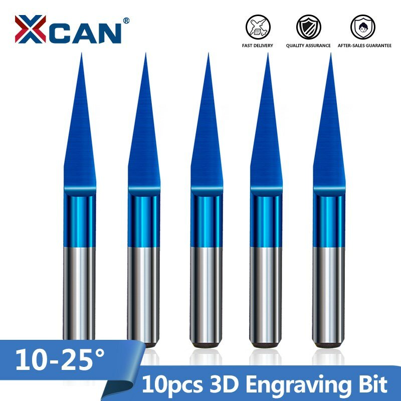 XCAN 10 Uds 3.175mm revestimiento azul PCB 3D fresa 10/15/20/25 grados carburo de tungsteno V forma PCB grabado Bit CNC Router