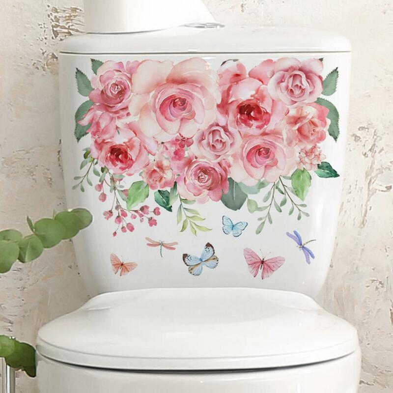 Decorative Toilet Decal Flower Toilet Sticker Elegant Rose Flower Butterflies Toilet Sticker Set for Bathroom Decor Removable