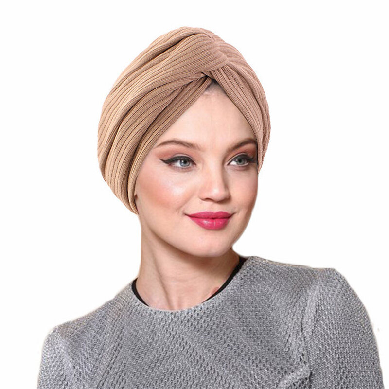 Muslim Women Twist Knot Chemo Cap Cancer Hat Turban Hat Bonnet Head Scarf Wrap Indian Hat Beanies Skullies Solid Arab Islam Cap