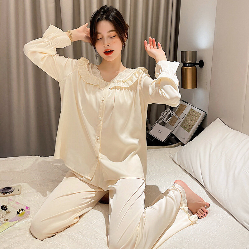 Satin Lace Patchwork Nightwear Cute Women Pajamas Suit Long Sleeve 2PCS Sleep Set Home Clothing Spring V-Neck Sexy Pyjamas