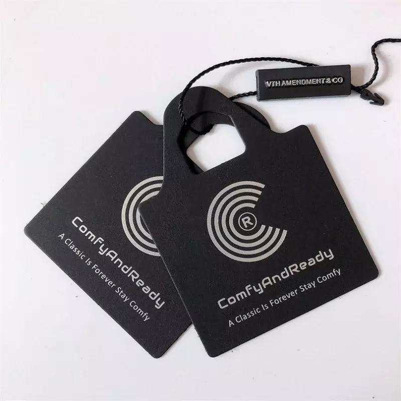 Customized product、Paper Hang Tags for Clothing Logo Hangtag Black Tags Swing with Custom Logo