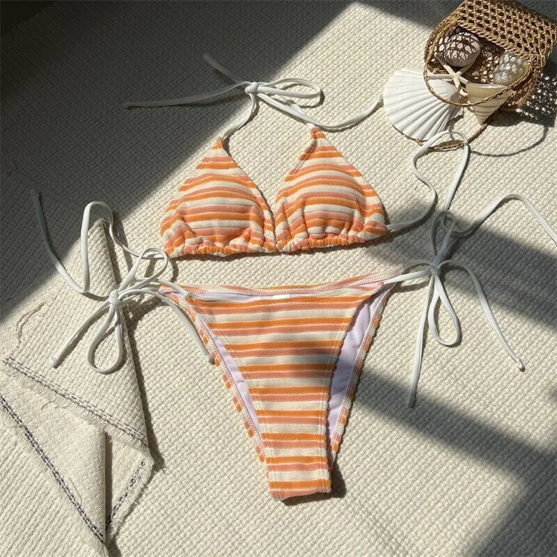Bikini de 2 piezas para mujer, ropa interior y Top a rayas para fiesta en la playa, vacaciones, Sexy, informal, diario, ropa de calle para chica, batas con cordones