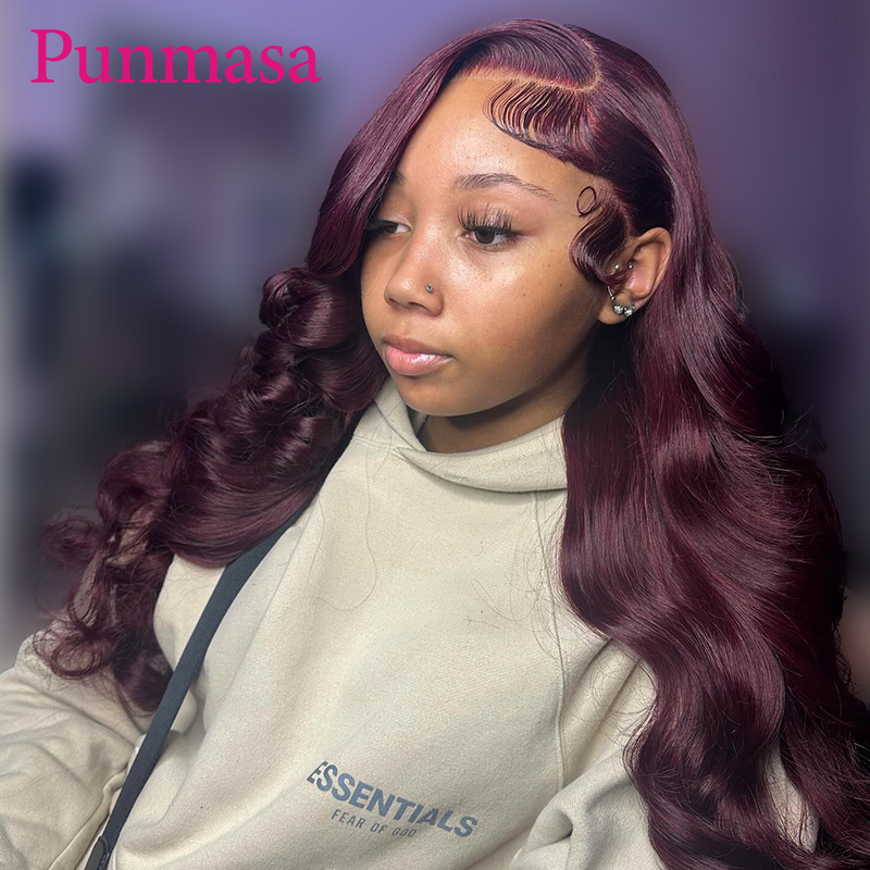 Punmasa Dark Burgundy Purple Color Body Wave 13x6 Lace Front Glueless Human Hair Wig 13x4 Wear To Go Transparent Lace Wigs 200%