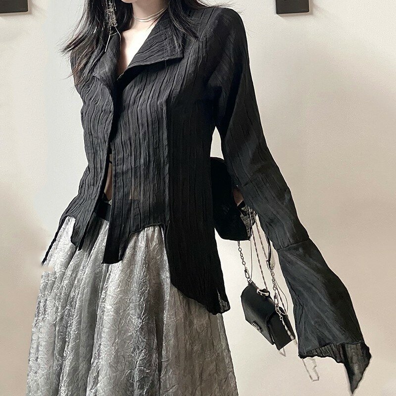 Karrram gótico preto camisa yamamoto estilo escuro estética blusa feminina irregular roupas de grife emo alt roupas grunge topos y2k