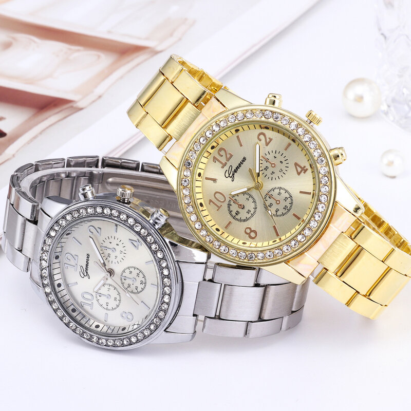 Reloj de cuarzo de lujo para mujer, cronógrafo de pulsera con correa de acero inoxidable y plata, con diamantes de imitación redondos, informal, a la moda, para negocios