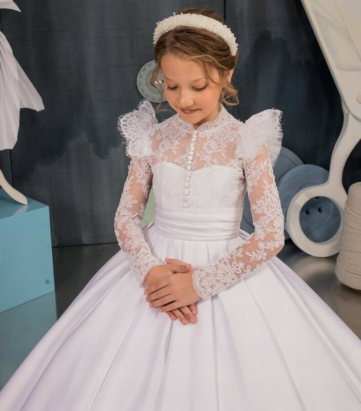 Gorgeous White Satin Flower Girl Dress For Wedding Lace Floor Length Birthday Party Pageant Princess First Communion Ball Gowns