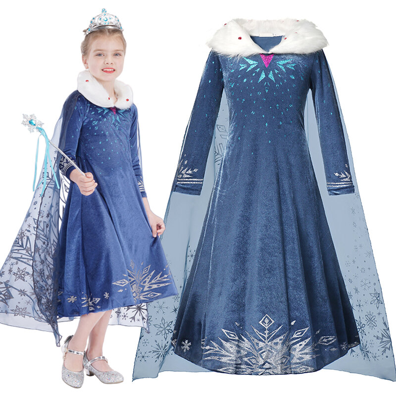 Костюм Эльзы для девочек, платье принцессы, косплей-костюм Снежной Королевы для девочек, зимняя одежда для маленьких девочек, карнавал, подарок на день рождения, искусственная кожа