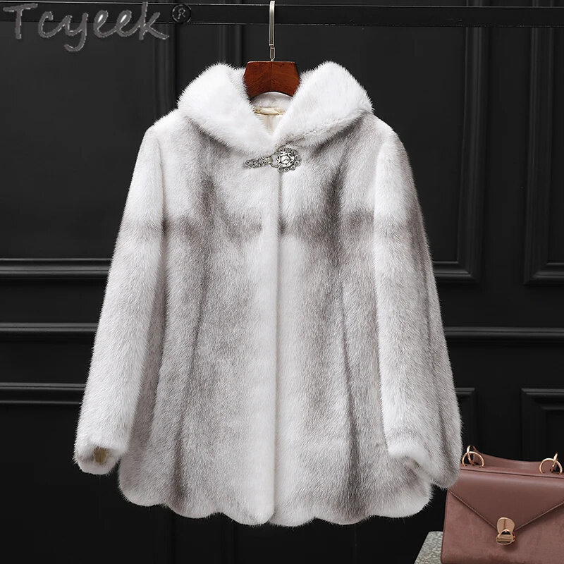 Mantel bulu cerpelai Tcyeek alami wanita jaket wanita musim dingin bertudung mantel asli mode hangat seluruh silang Ferret Fourrure Femme