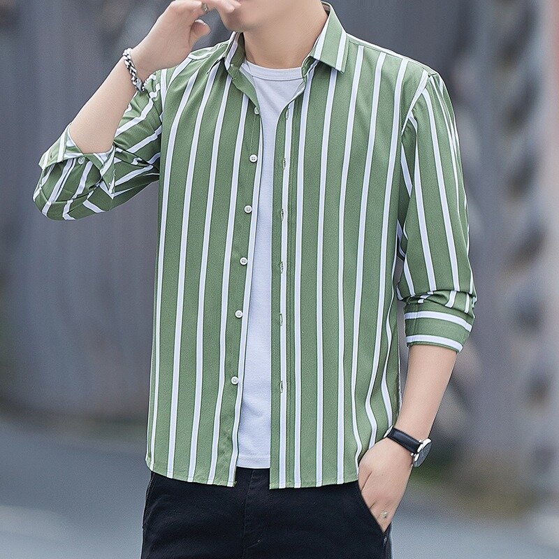 Camisa masculina listrada de manga longa, tops casuais, tamanho grande, estilo coreano, outwear de lapela na moda, roupas masculinas, primavera, outono