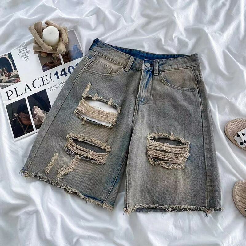 Calções jeans unissex perfurado, estilo hip-hop vibe, cintura alta, perna reta, versátil, rua alta, Instagram