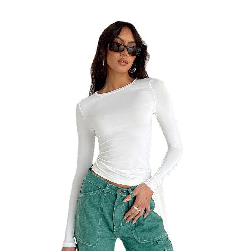 여성 라운드넥 슬림 긴팔 티셔츠, 단색, 패션 캐릭터, 2024 용수철, 여름 신상