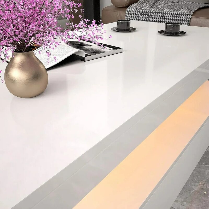 โต๊ะกาแฟแอลอีดีโต๊ะกาแฟสีขาวทันสมัยเงางามพร้อมไฟ RGB โต๊ะกาแฟทรงสี่เหลี่ยมผืนผ้าพร้อมรีโมทคอนโทรลสำหรับการใช้ชีวิต
