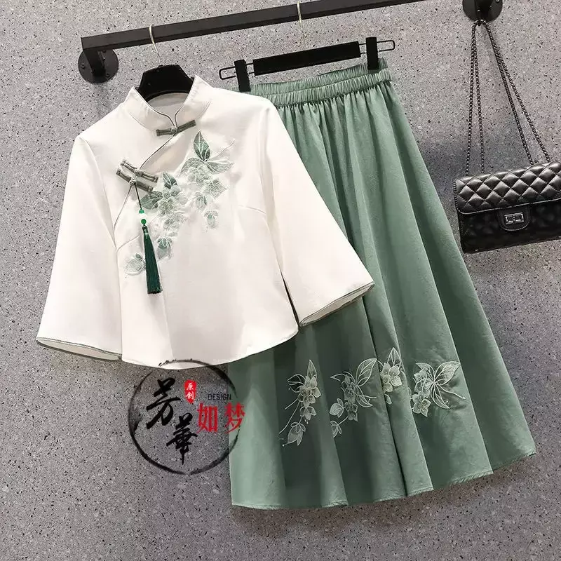 Setelan kebesaran wanita, dua potong ukuran besar kupu-kupu musim panas manis Cina setelan atasan bordir rok blus Hanfu