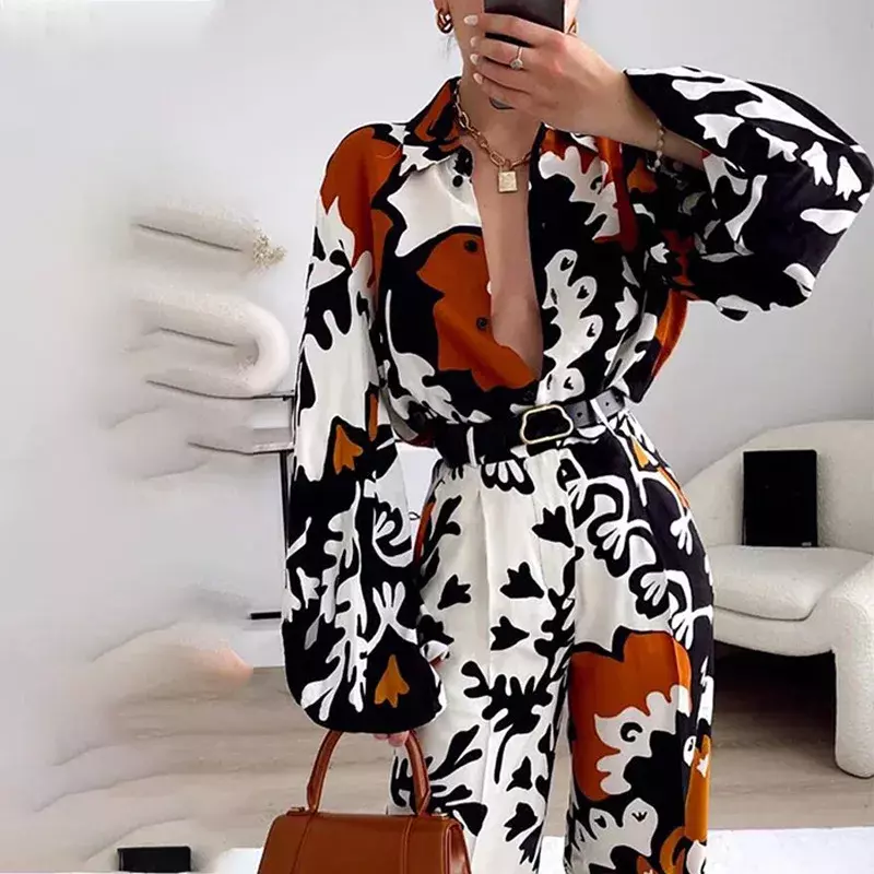 Casual Elegant Women's Pants Suits Spring Autumn Printing Long Sleeve Shirts and Belt Wide Leg Pants Female Two Piece Sets