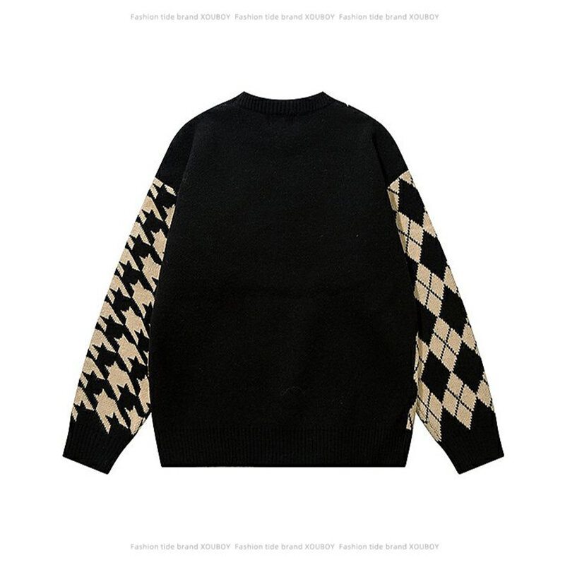 Hip Hop Spring Autumn Men O Neck Long Sleeve Sweaters Fashion Argyle Print Lucky Healthy Oversized New Year Knitted Pullover Top