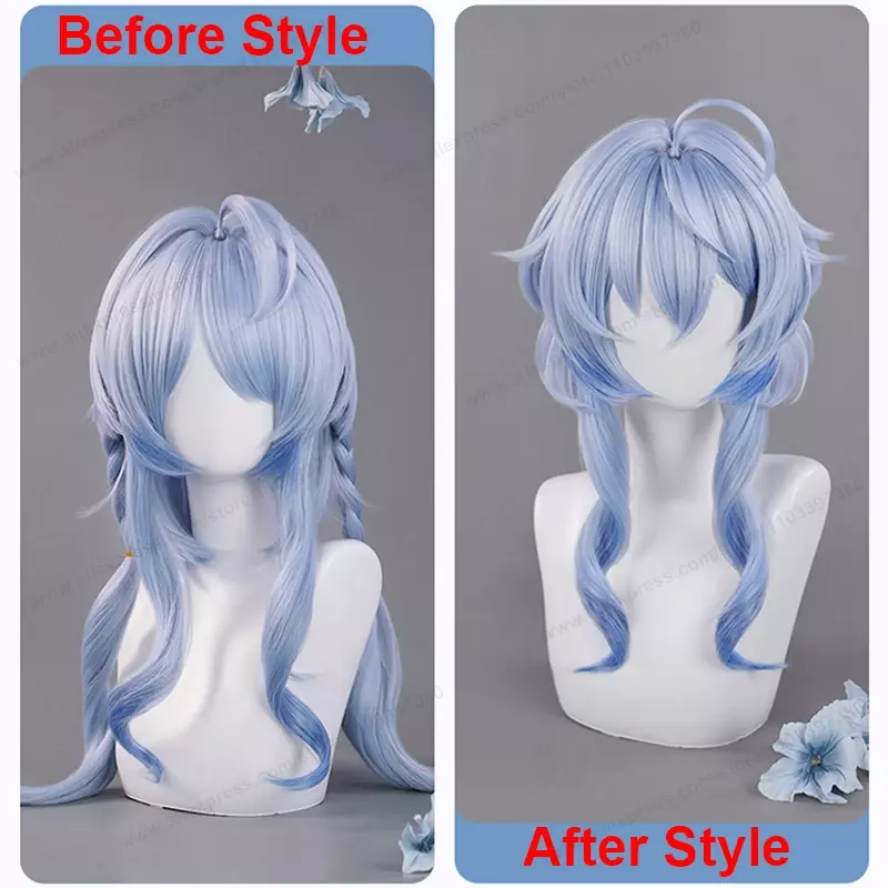 Wig Cosplay lentera Rite Ganyu, Wig sintetis tahan panas rambut Anime gradien biru panjang 65cm