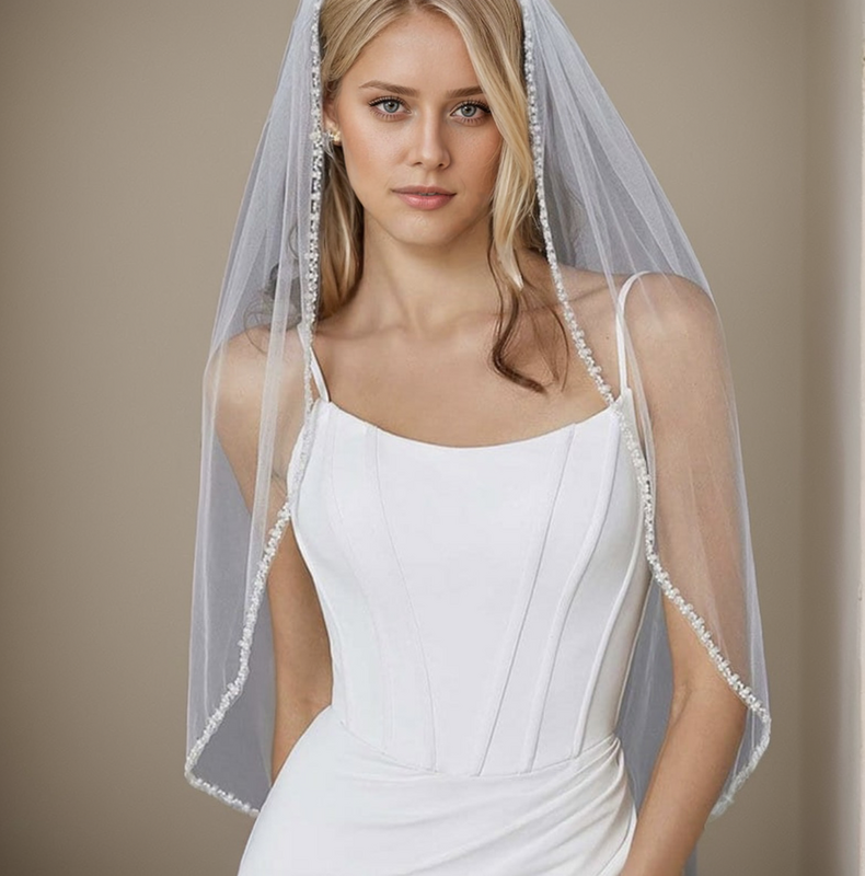 Véu de casamento com pérolas de cristal, véu de borda branco marfim longo véu de noiva personalizado véu de catedral delicado 1 camada grânulos elegantes