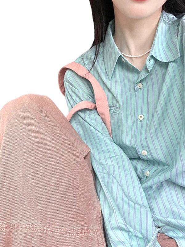 韓国の女性用ストライプシャツ,長袖トップス,カジュアル,ルーズ,シンプル,ストリートファッション,新品,青,夏
