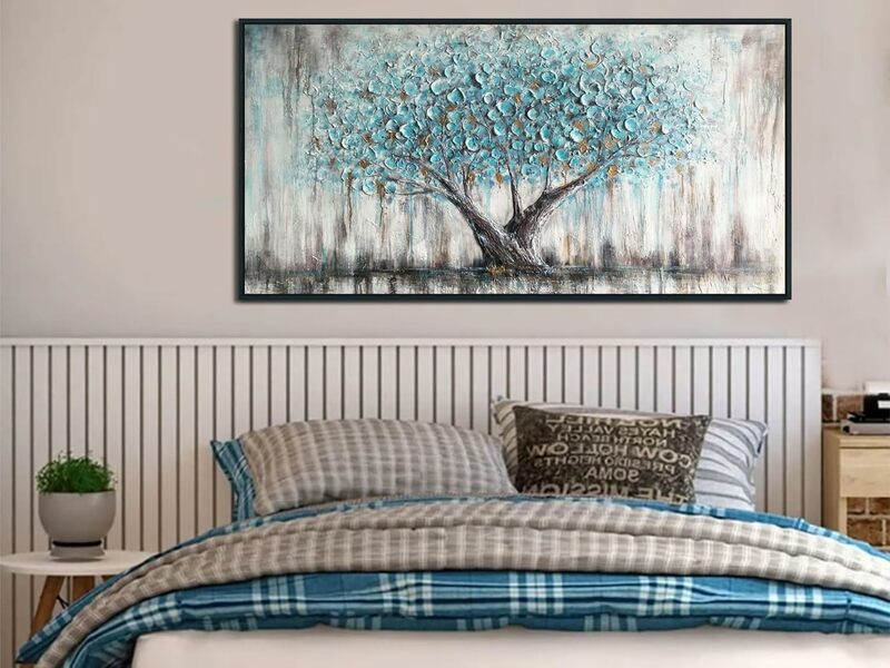 Nature Tree of Life Abstract Canvas Painting Textured Picture Panoramic Landscape Artwork, Black Wood Framed Extra Large 60"x30"