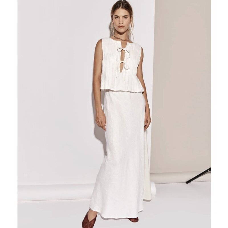Top corto con cordones para mujer, camiseta sin mangas plisada con cuello redondo, conjunto blanco ahuecado