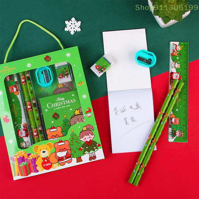 Christmas Stationery Set for Kids, Lápis Sharpener, Borracha, Régua, Escola, Escritório, Escrita Suprimentos, Presentes, 6pcs