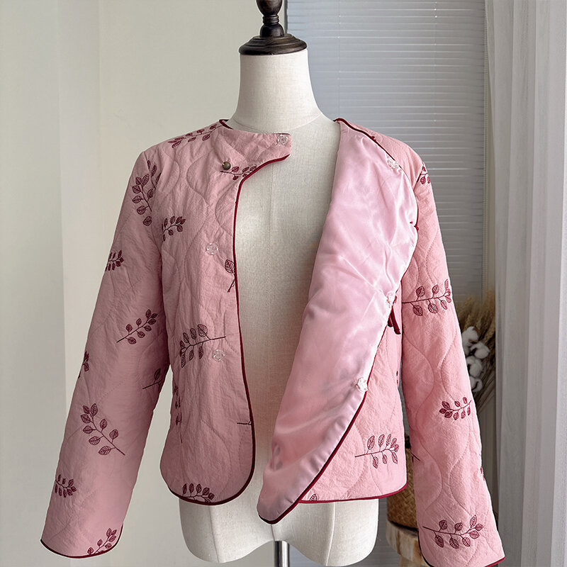 여성용 자수 코튼 패딩 코트, 얇은 짧은 핑크 베이지 국가 스타일 코튼 패딩 코트, 대각선 크루넥 코트