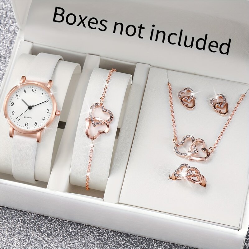 Jam tangan wanita 6 pcs/set, jam tangan Quartz Fashion kasual kulit PU Analog & Set perhiasan, hadiah Valentine untuk wanita