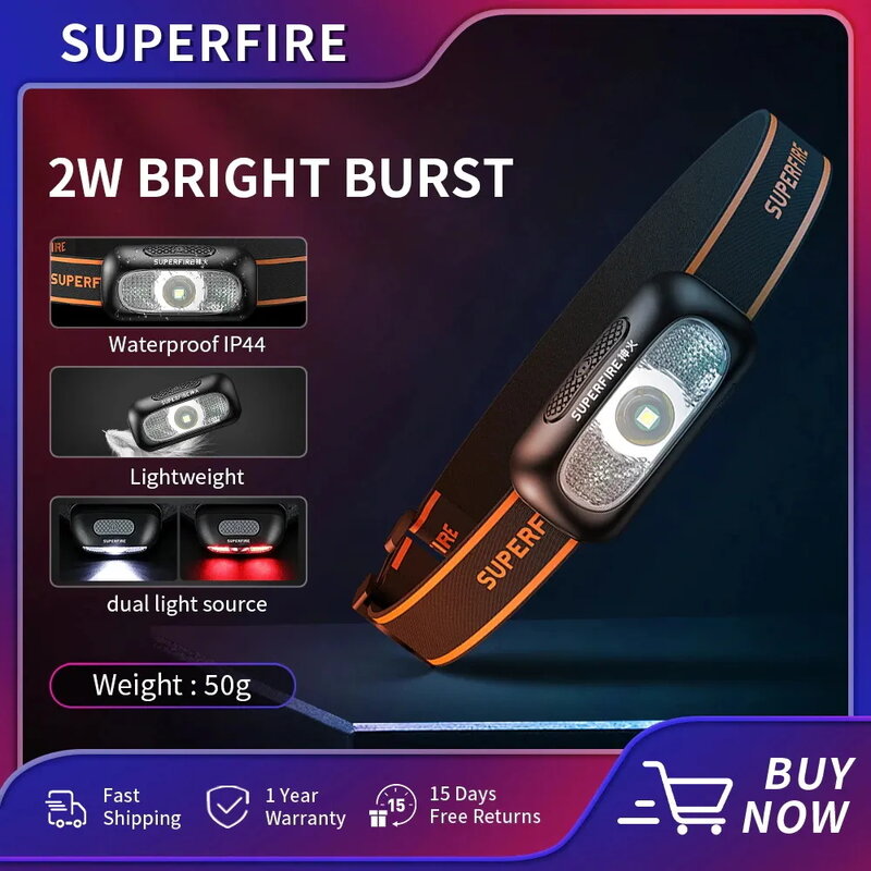 SUPERFIRE-Mini linterna frontal LED HL05-L, recargable por USB, 50g, para acampar al aire libre, de emergencia, resistente al agua