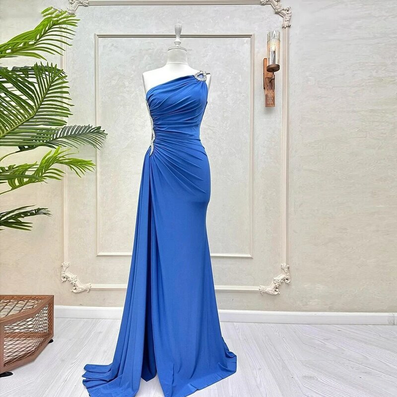 فستان سهرة بسيط بكتف واحد من الساتان الأزرق ، فساتين حفلات بفتحة جانبية ، فستان رسمي مخصص ، جديد ، أنيق ، من الساتان