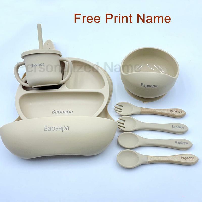 8Pcs Baby Silicone Feeding Set Round Dining Plate Sucker Bowl Dishes For Kids Personalized Name Children's Tableware Straw Cup