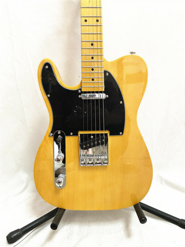 Пользовательская левая желтая 6-струнная электрическая гитара с кленовым грифом, Черная защитная пластина на заказ, бесплатная доставка